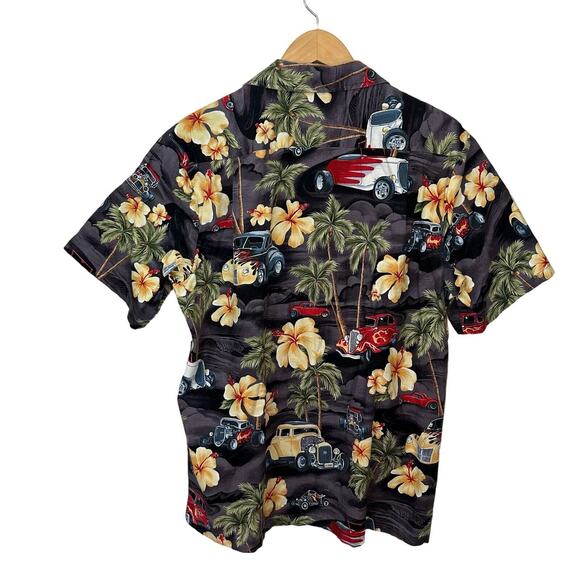 Vintage Hawaiian Shirt RJC Old Timey Cars Size Large Palm Trees Floral Button Up - Picture 3 of 9